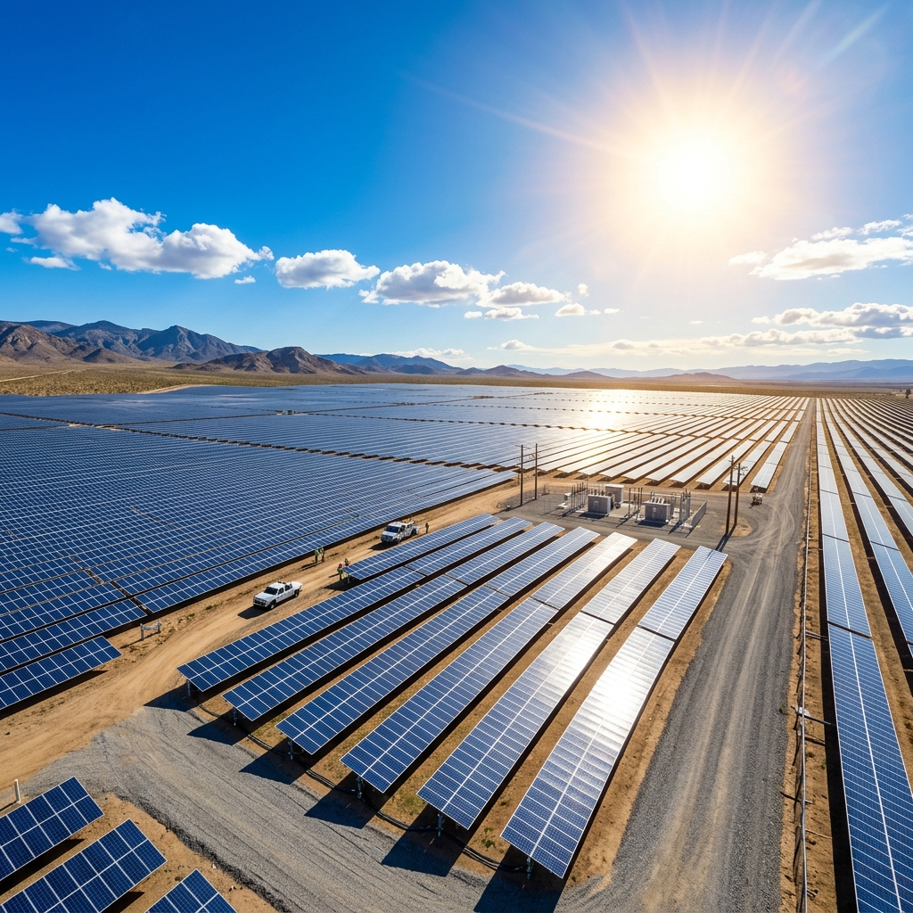 Symmetric rows of solar panels on a massive utility solar farm