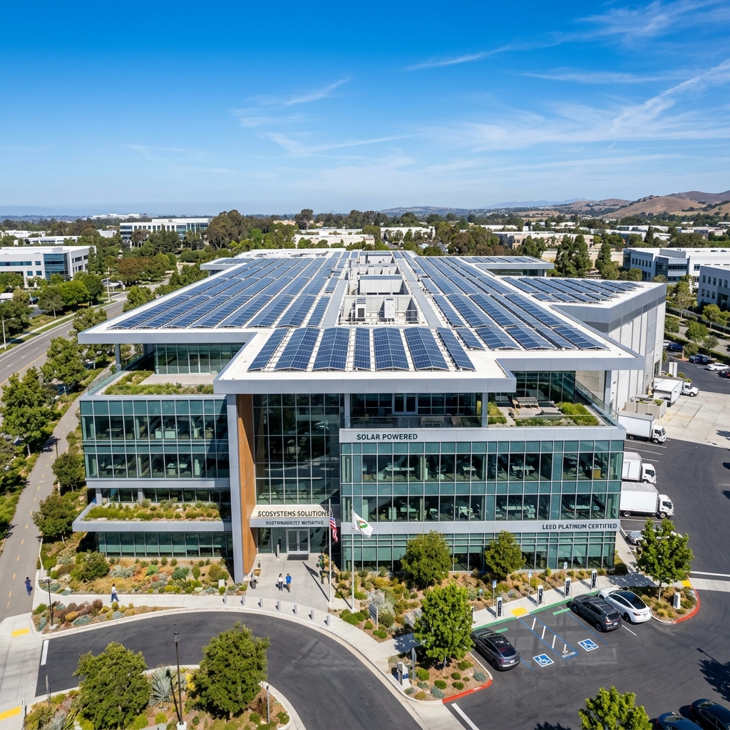 Rooftop solar installation on a modern commercial office building